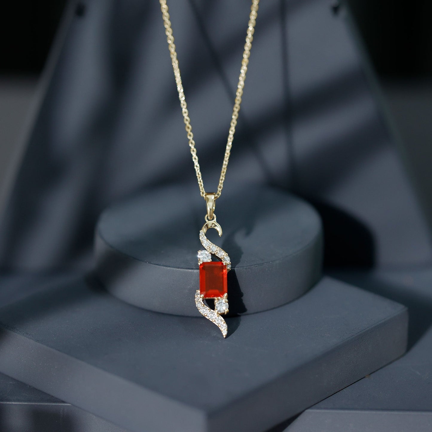 1 Carat Emerald Cut Fire Opal Designer Pendant with Diamond