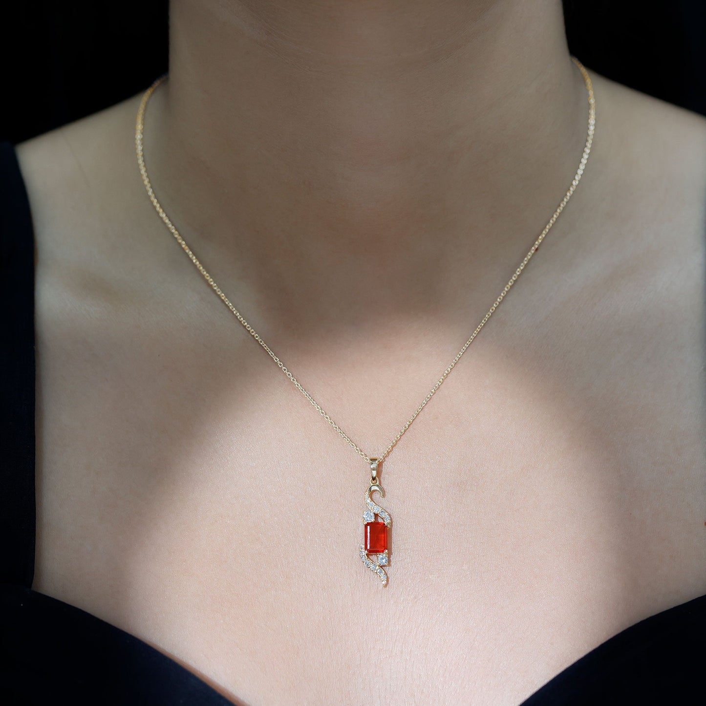 1 Carat Emerald Cut Fire Opal Designer Pendant with Diamond