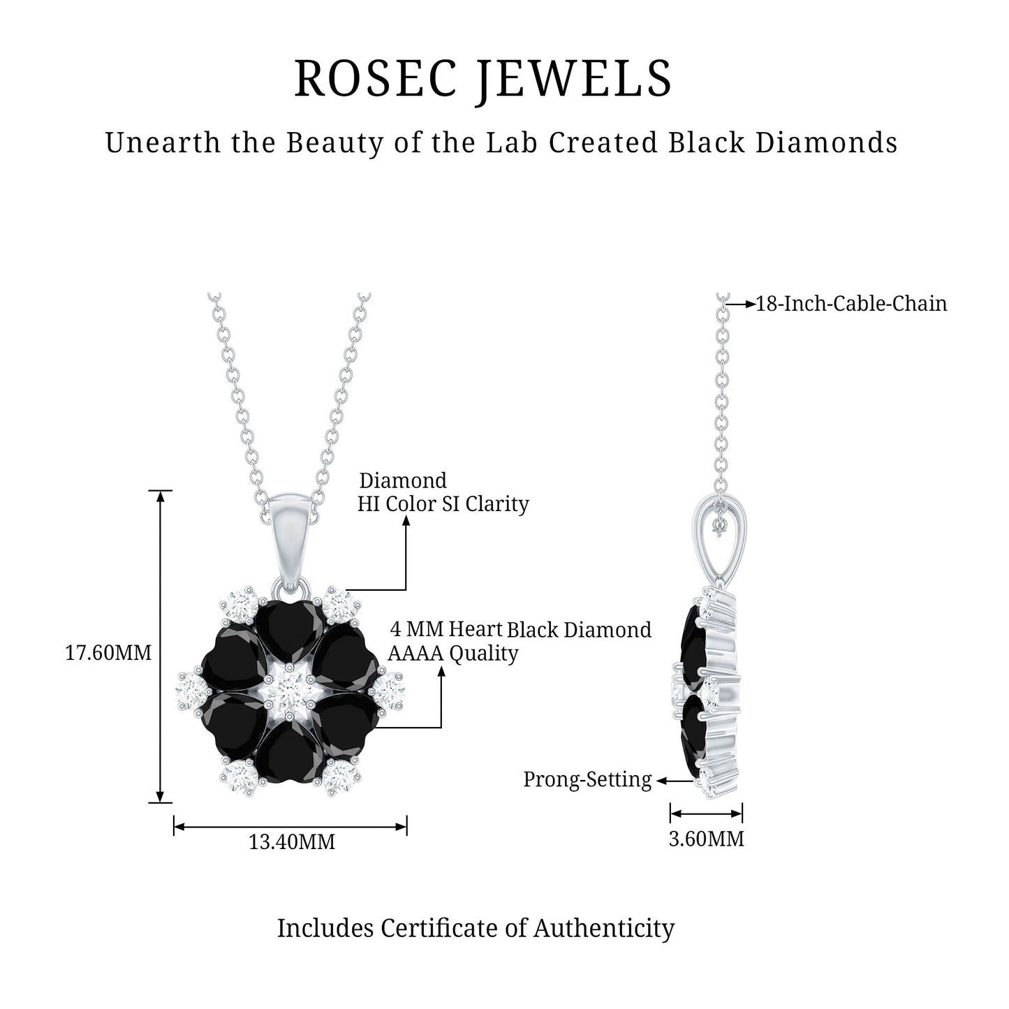 Heart Lab Created Black Diamond Flower Pendant Necklace