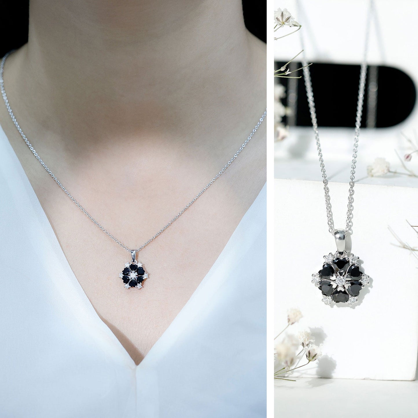 Heart Lab Created Black Diamond Flower Pendant Necklace
