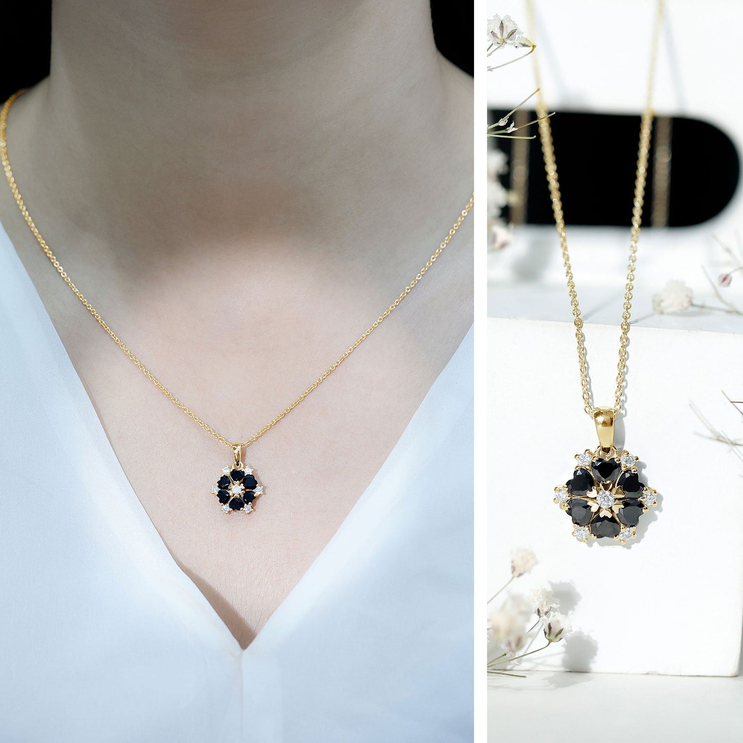 Heart Lab Created Black Diamond Flower Pendant Necklace