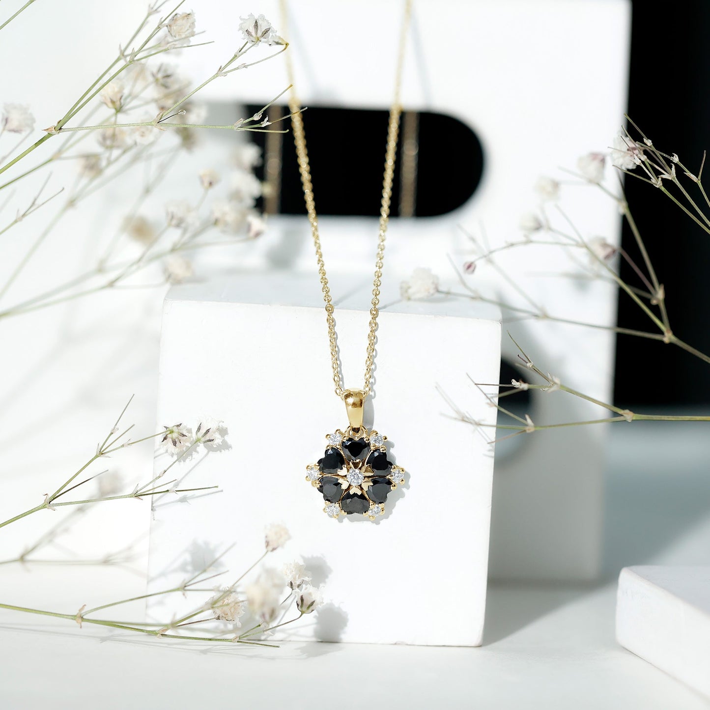 Heart Lab Created Black Diamond Flower Pendant Necklace
