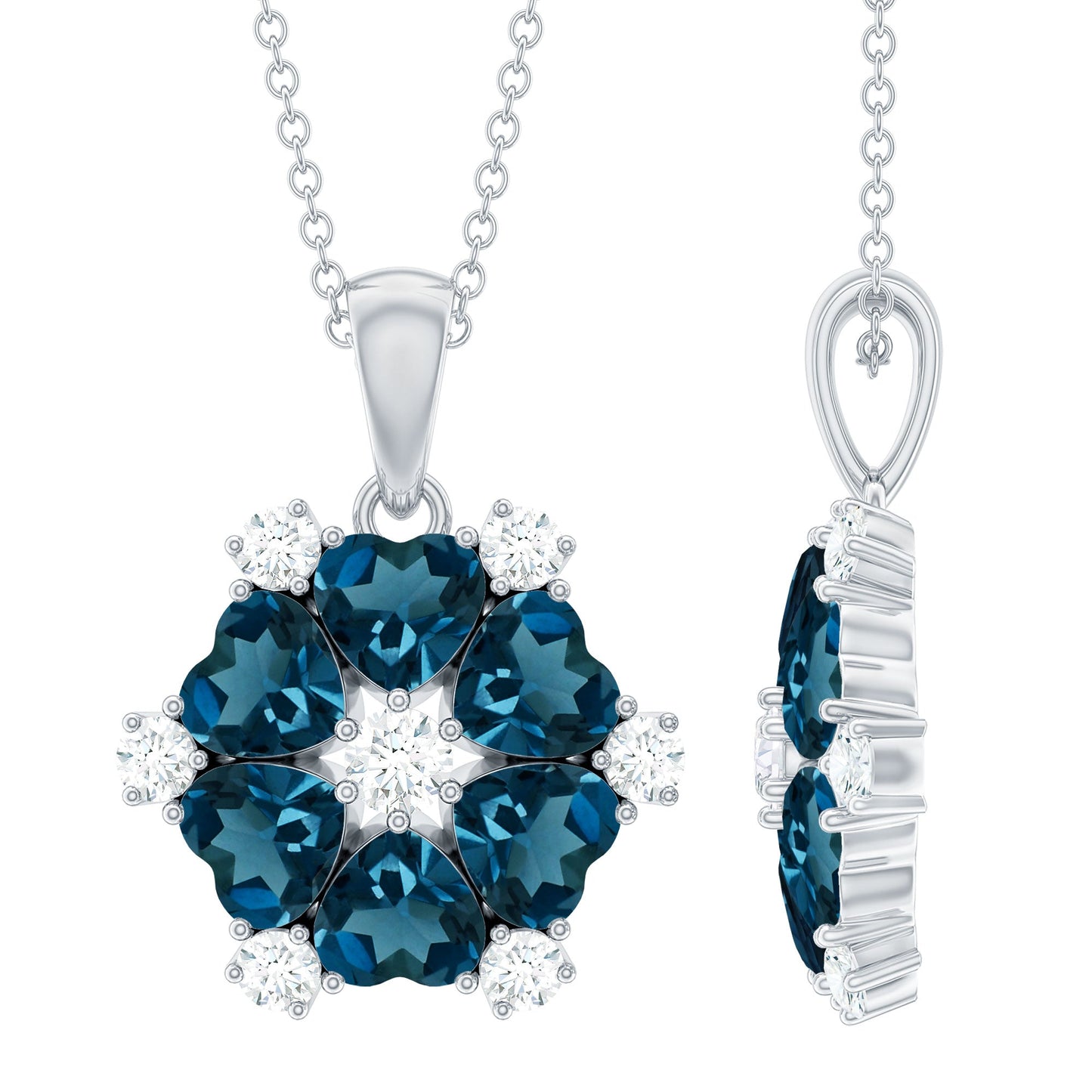 Genuine Heart Shape London Blue Topaz and Diamond Flower Necklace