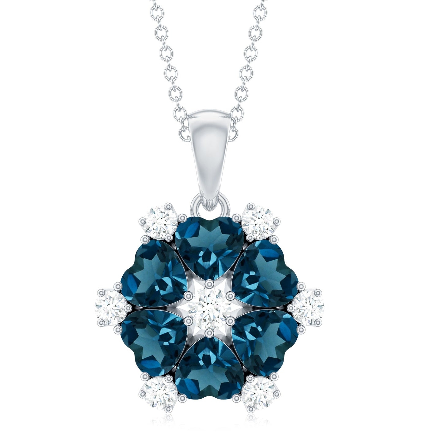 Genuine Heart Shape London Blue Topaz and Diamond Flower Necklace