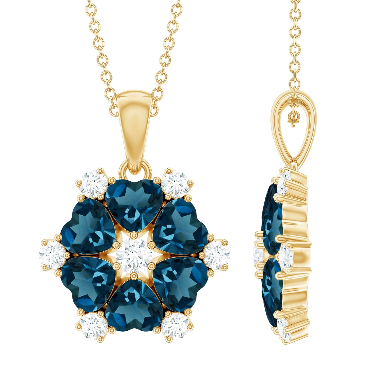 Genuine Heart Shape London Blue Topaz and Diamond Flower Necklace