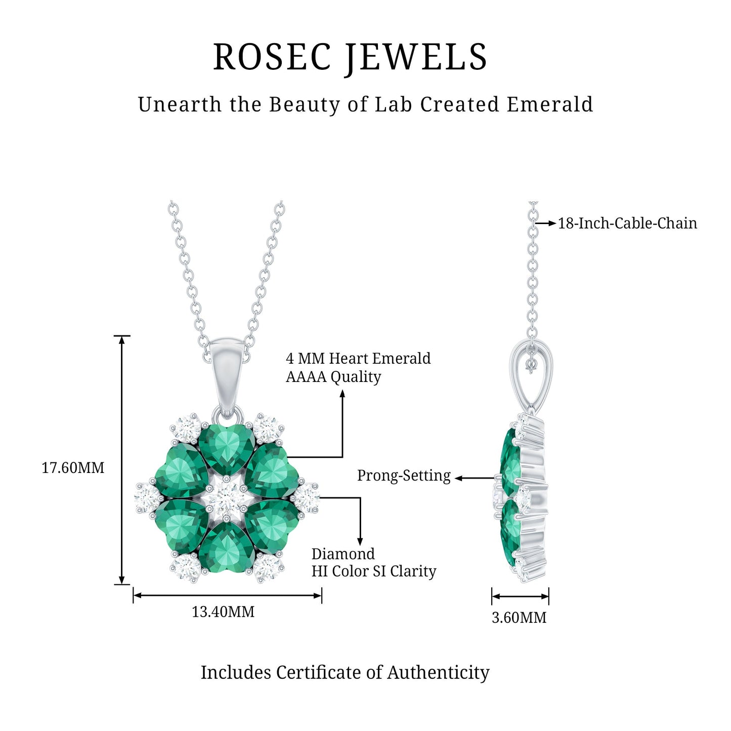 Heart Shape Lab Created Emerald and Diamond Flower Pendant