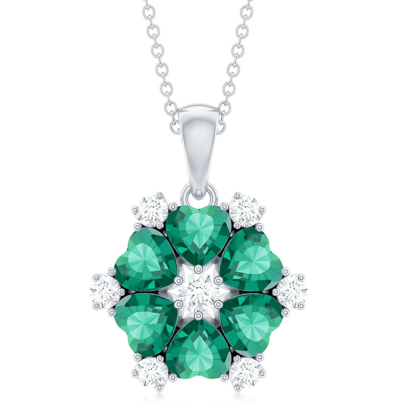 Heart Shape Lab Created Emerald and Diamond Flower Pendant