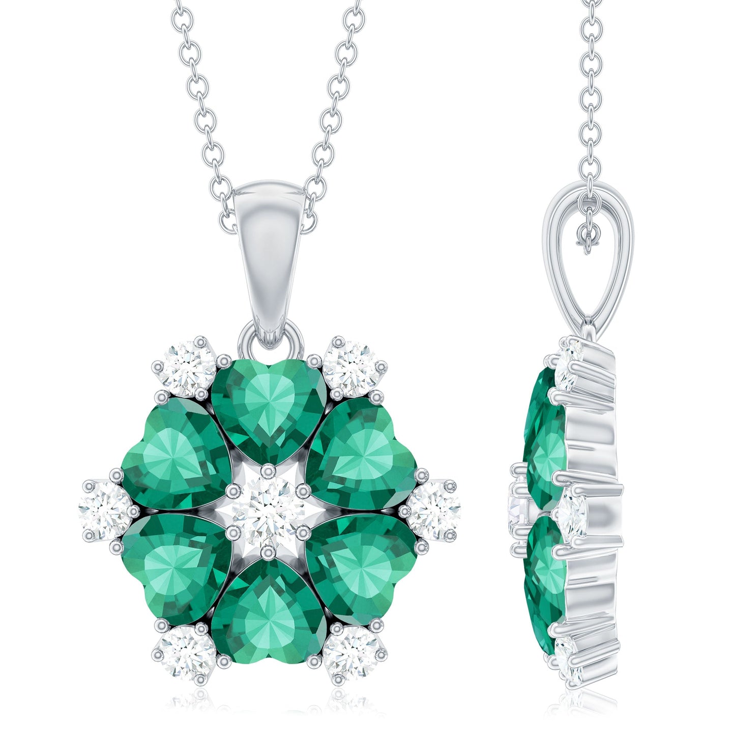 Heart Shape Lab Created Emerald and Diamond Flower Pendant