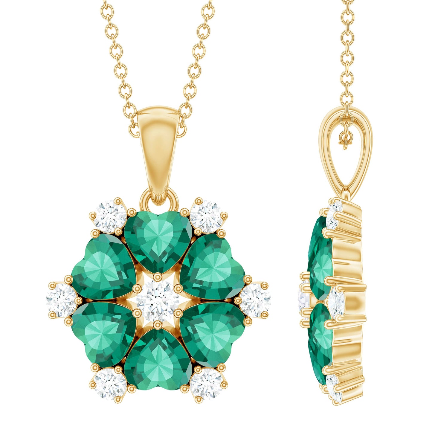 Heart Shape Lab Created Emerald and Diamond Flower Pendant