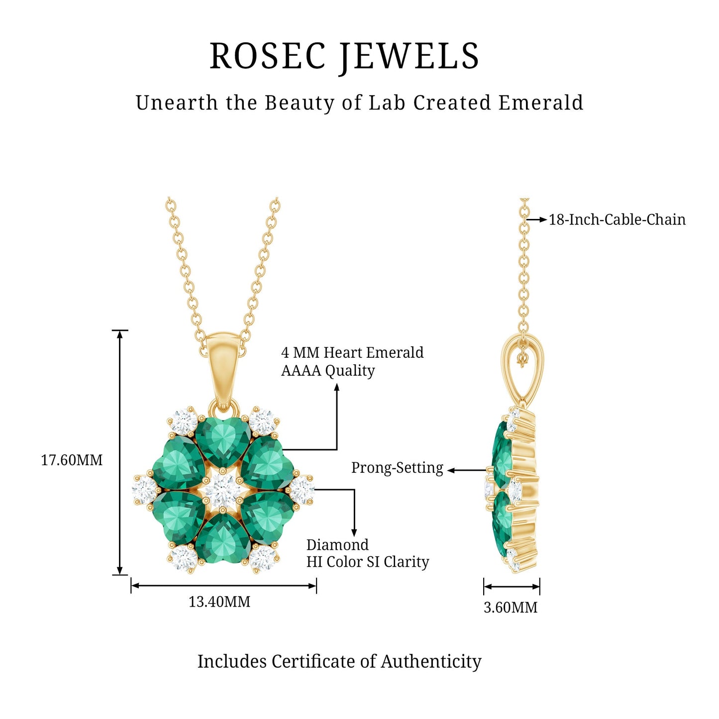 Heart Shape Lab Created Emerald and Diamond Flower Pendant