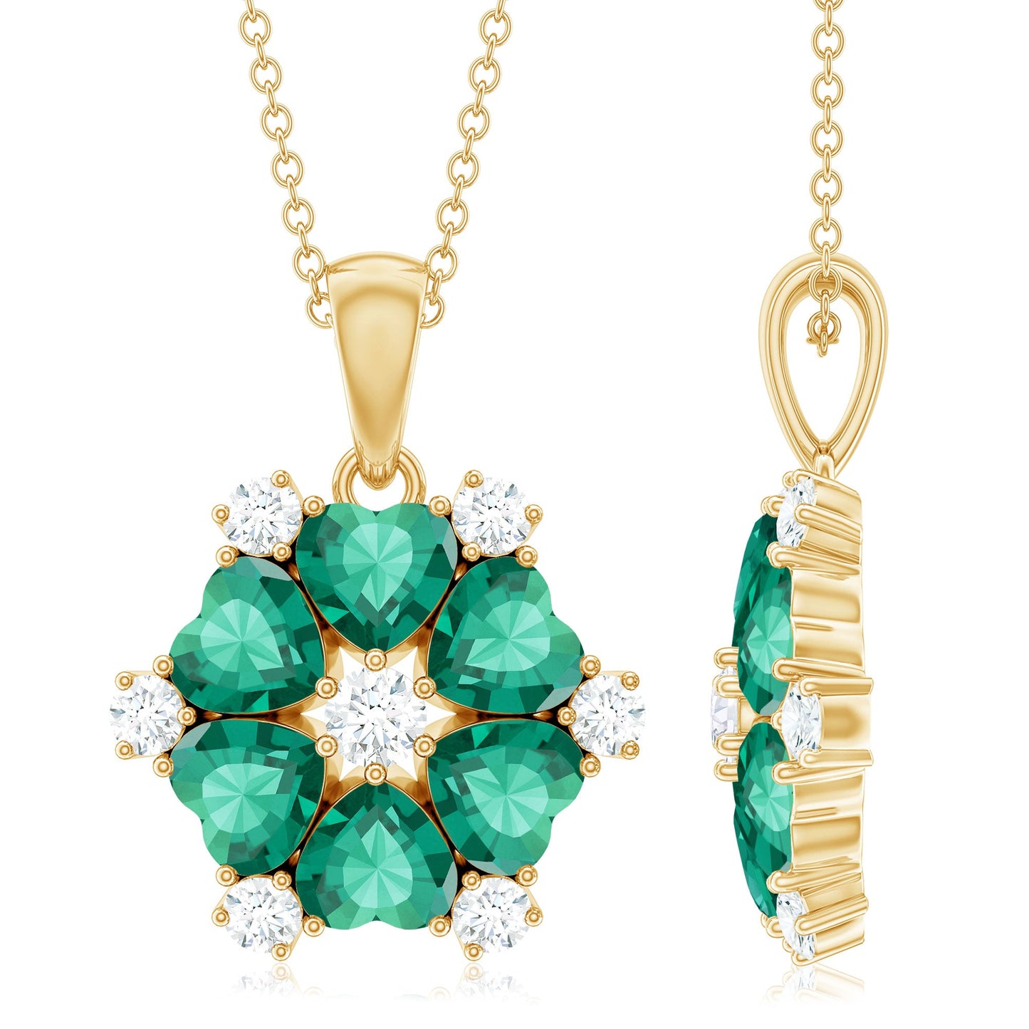 Heart Shape Lab Created Emerald and Diamond Flower Pendant
