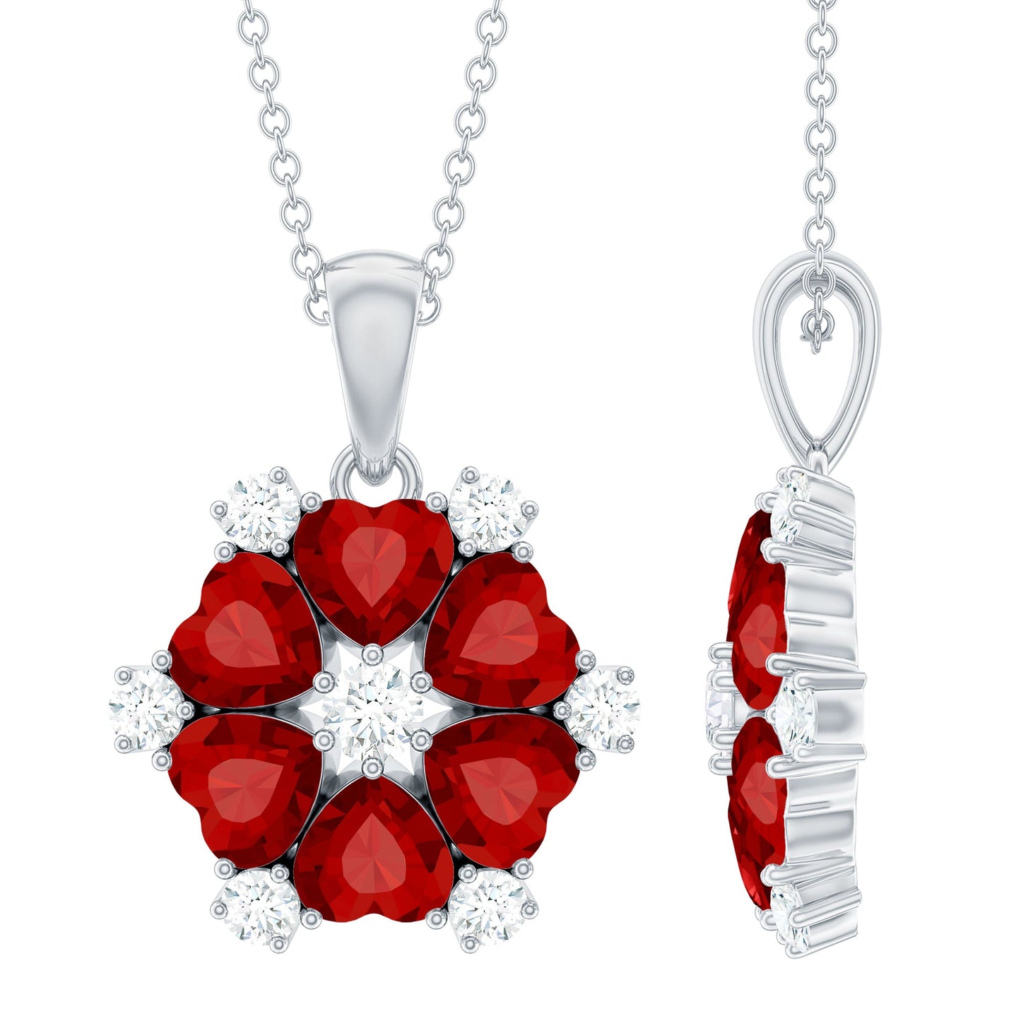 Heart Shape Lab Created Ruby and Diamond Flower Necklace