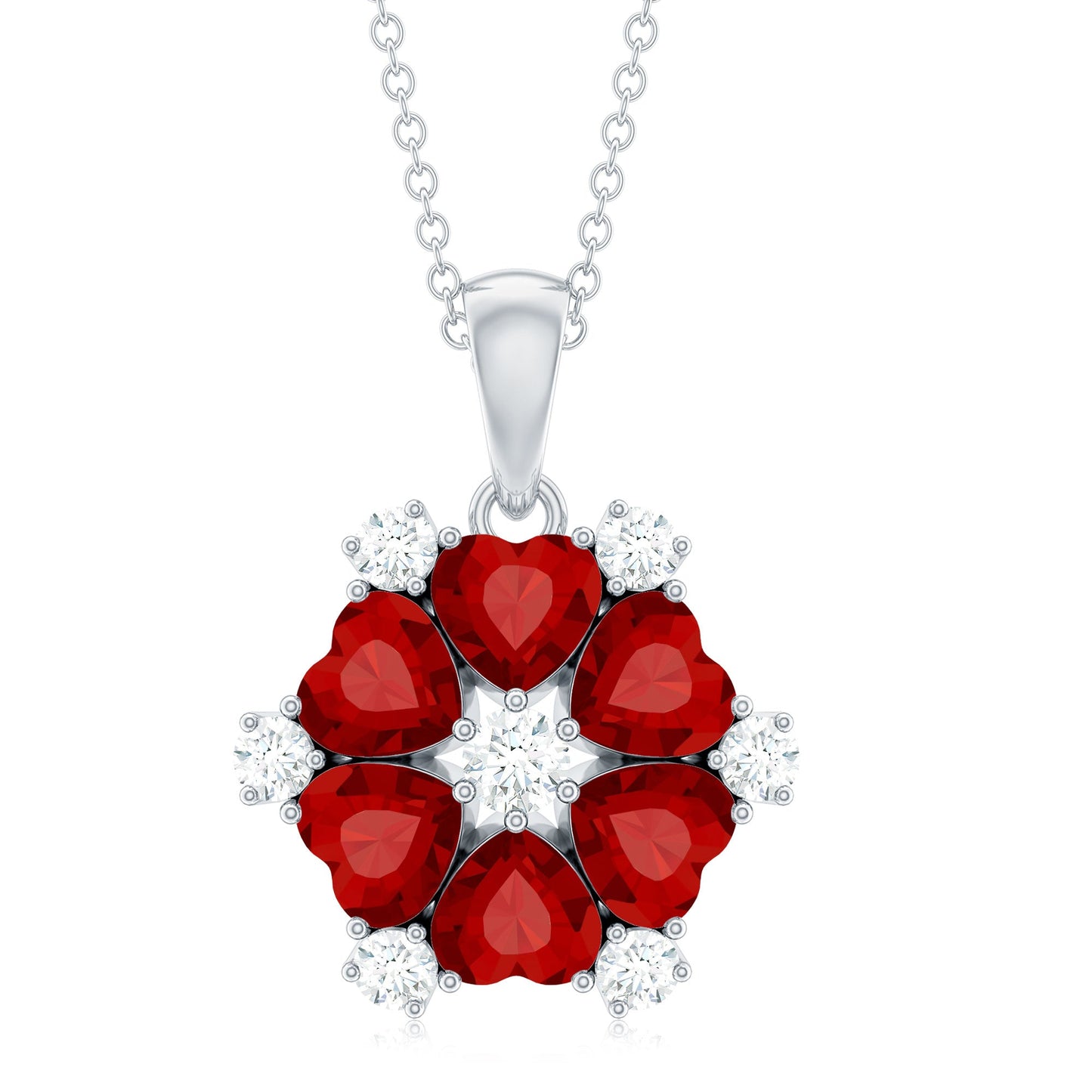 Heart Shape Lab Created Ruby and Diamond Flower Necklace