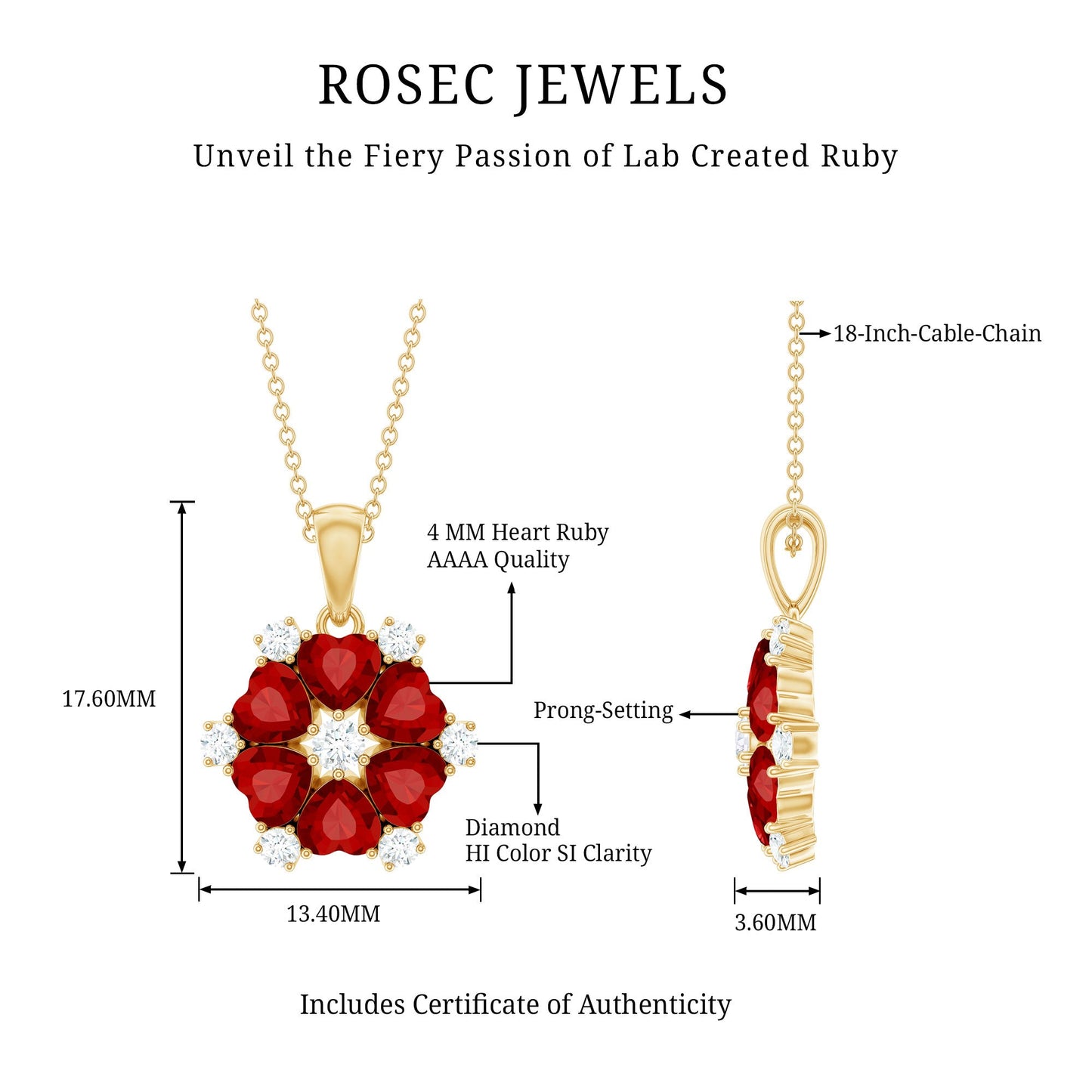Heart Shape Lab Created Ruby and Diamond Flower Necklace