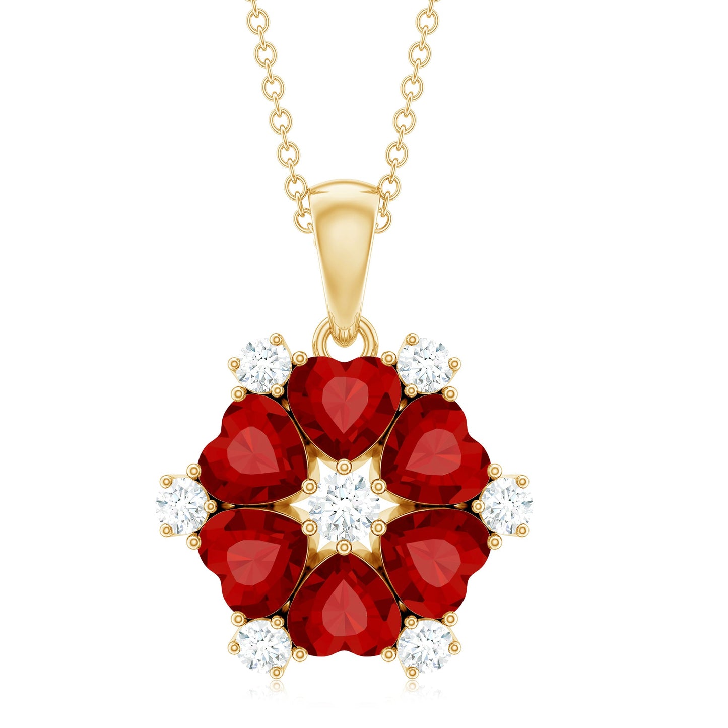 Heart Shape Lab Created Ruby and Diamond Flower Necklace