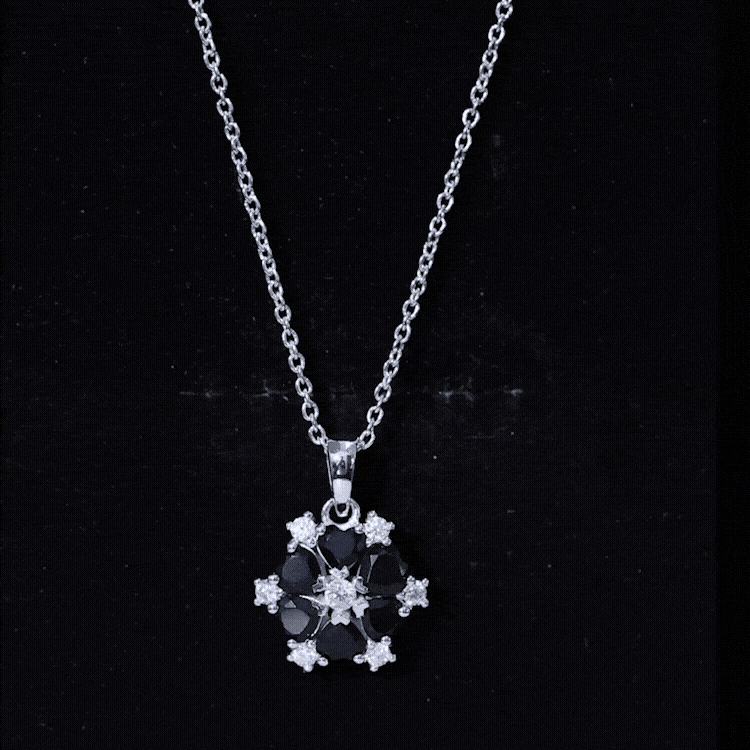 Natural Heart Shape Black Spinel Flower Pendant Necklace with Diamond