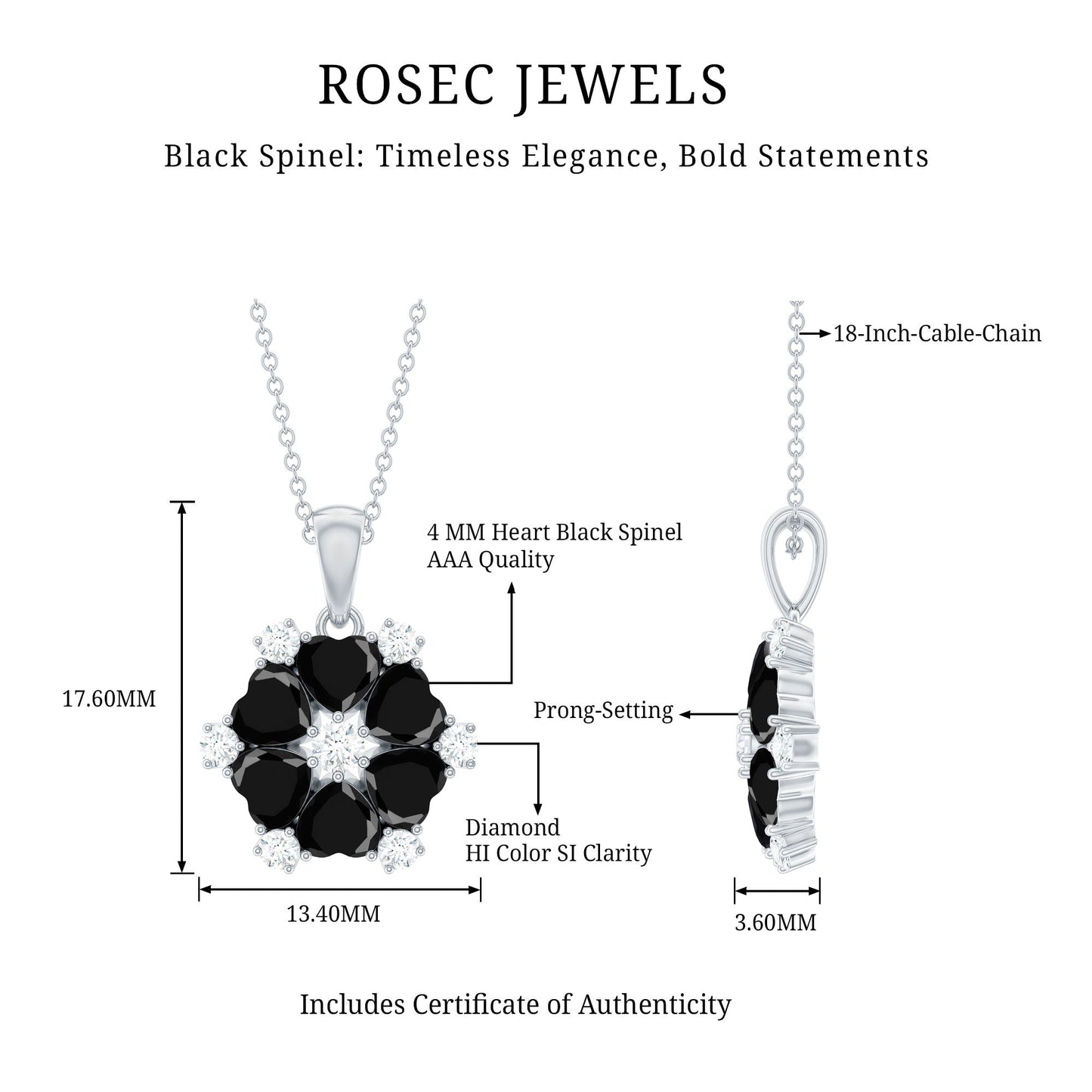 Natural Heart Shape Black Spinel Flower Pendant Necklace with Diamond