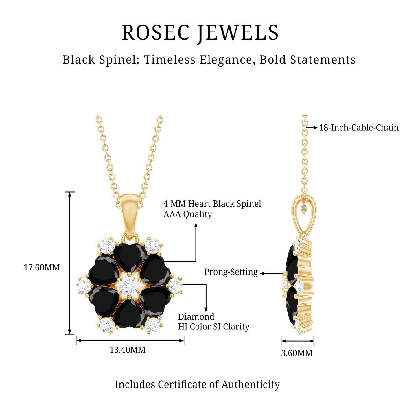 Natural Heart Shape Black Spinel Flower Pendant Necklace with Diamond