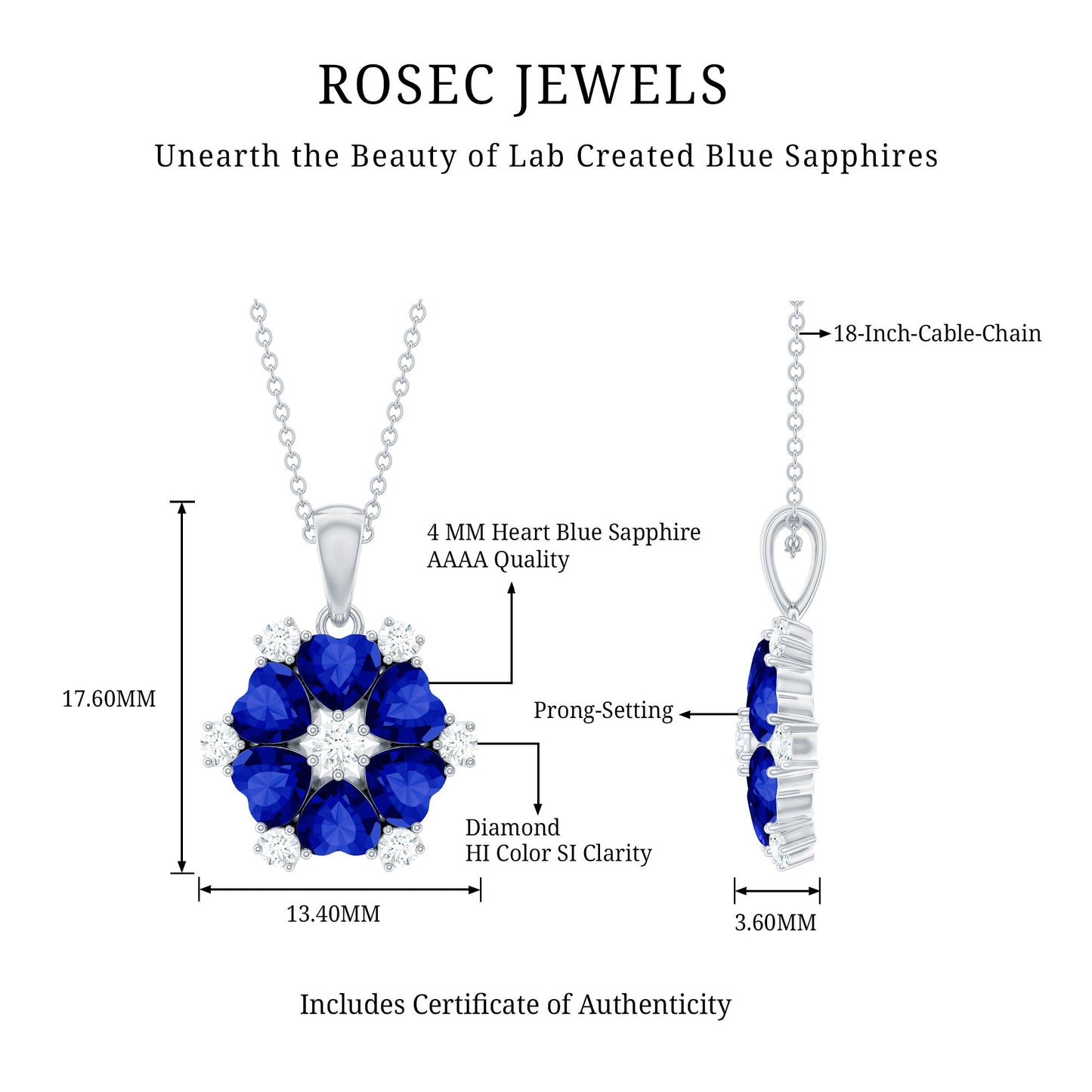2 Carat Lab Grown Blue Sapphire Heart Pendant Necklace