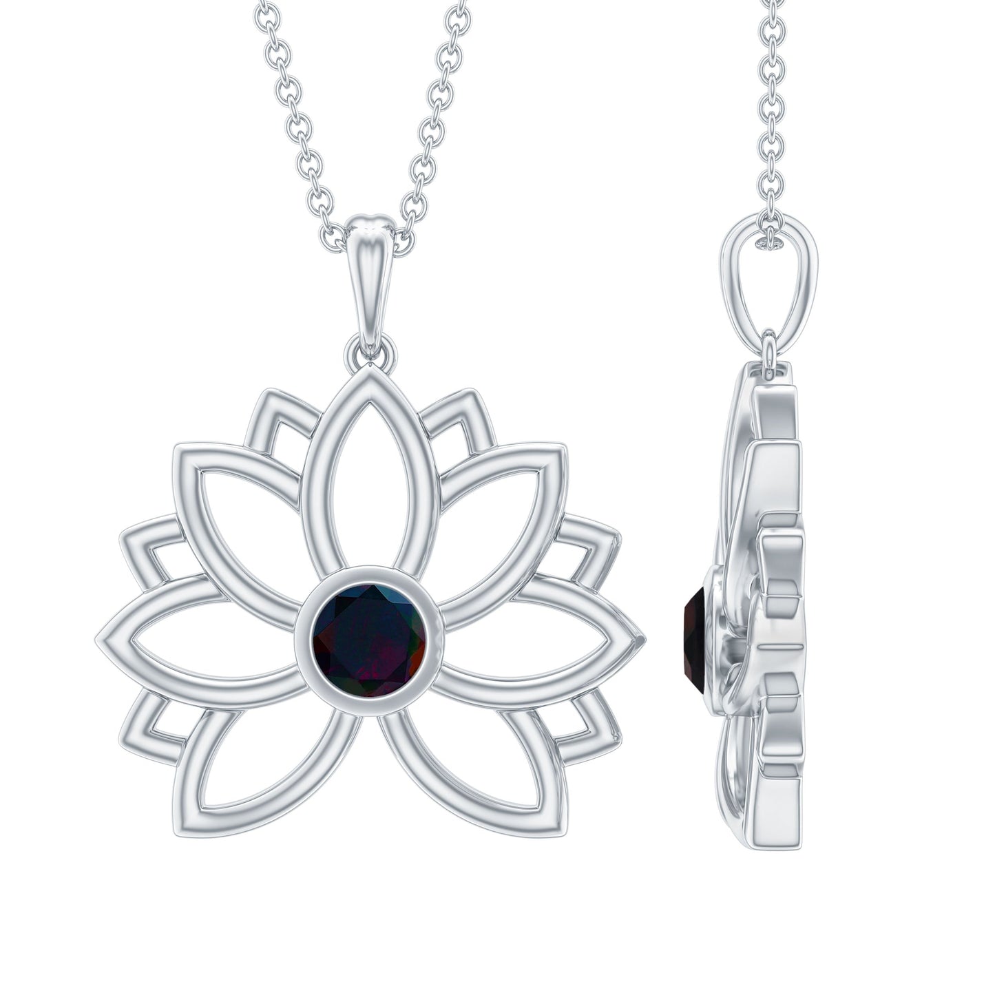 Natural Black Opal Flower Pendant Necklace for Women