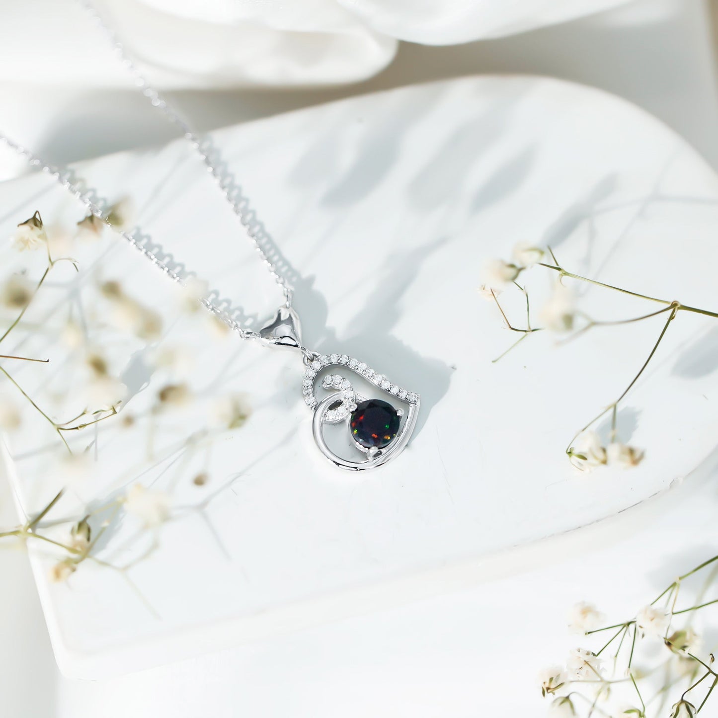 Genuine Black Opal and Moissanite Heart Drop Necklace