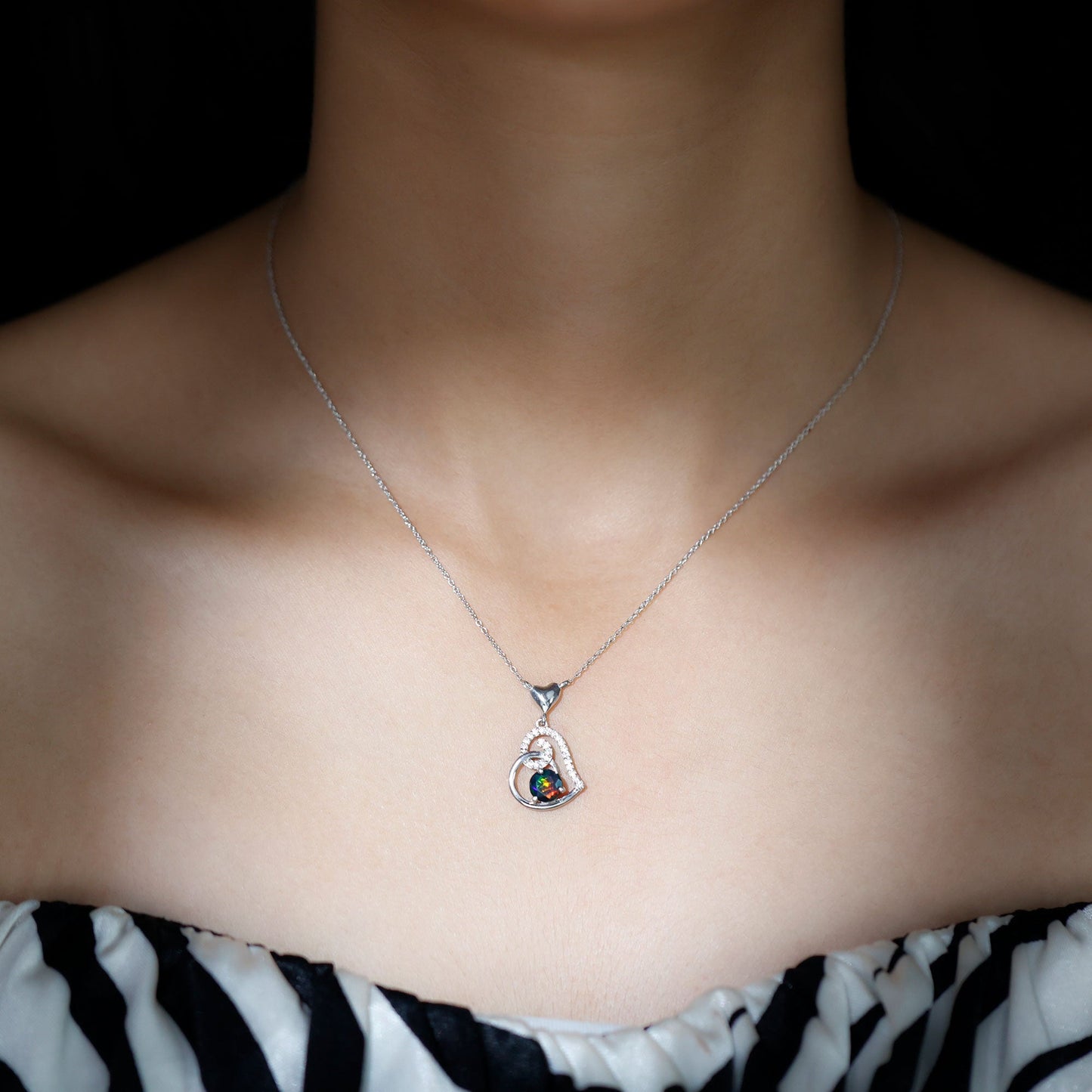 Genuine Black Opal and Moissanite Heart Drop Necklace