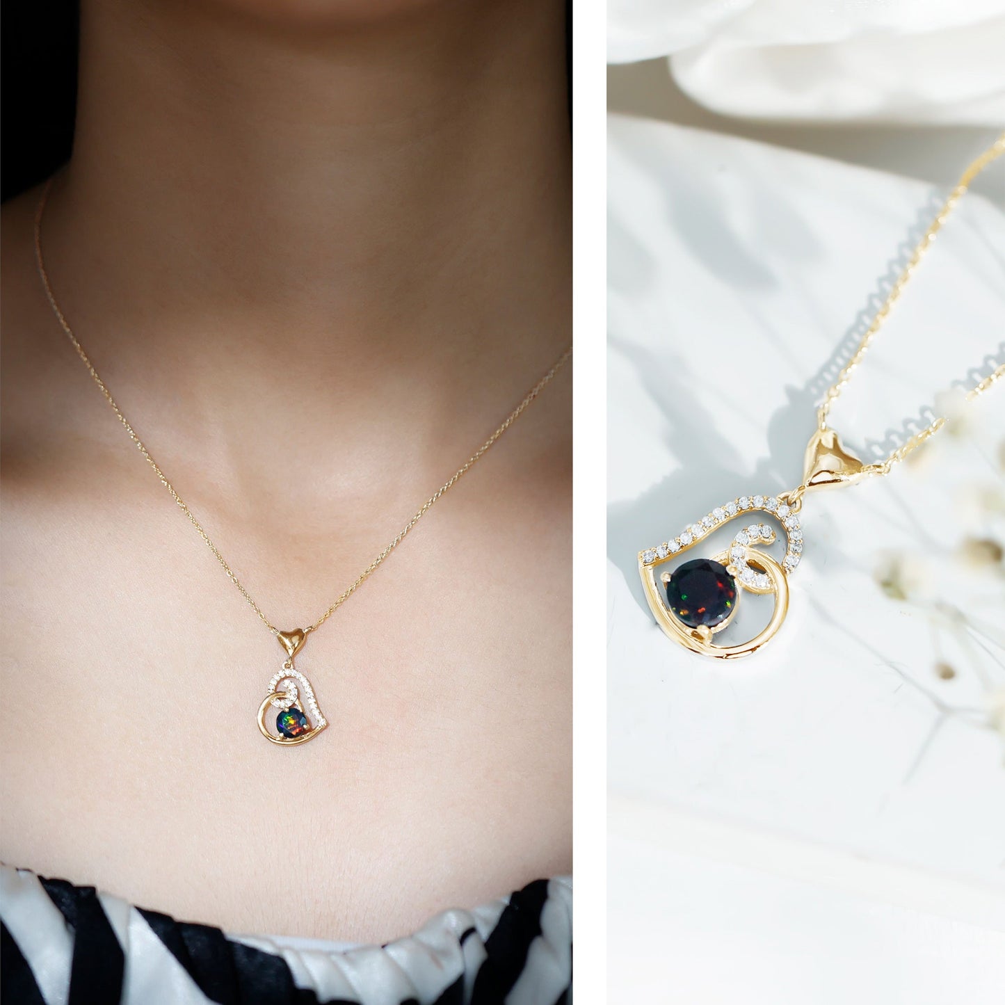 Genuine Black Opal and Moissanite Heart Drop Necklace