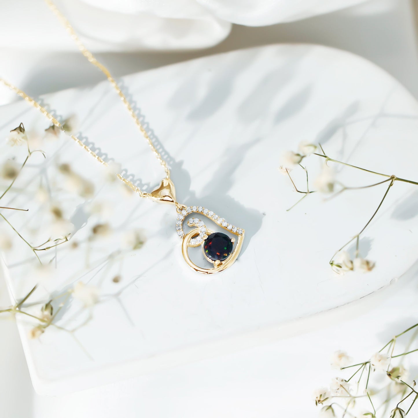 Genuine Black Opal and Moissanite Heart Drop Necklace