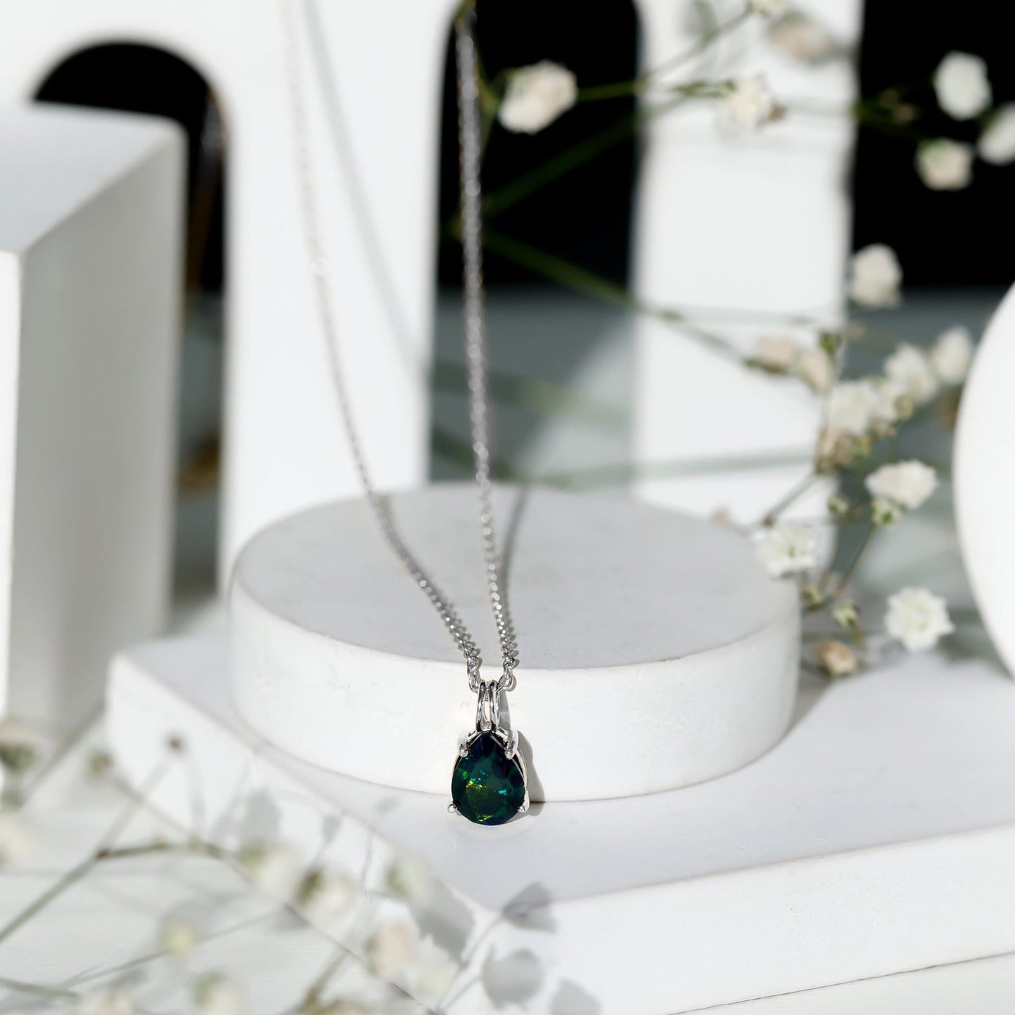 Natural Solitaire Black Opal Teardrop Necklace With Chain