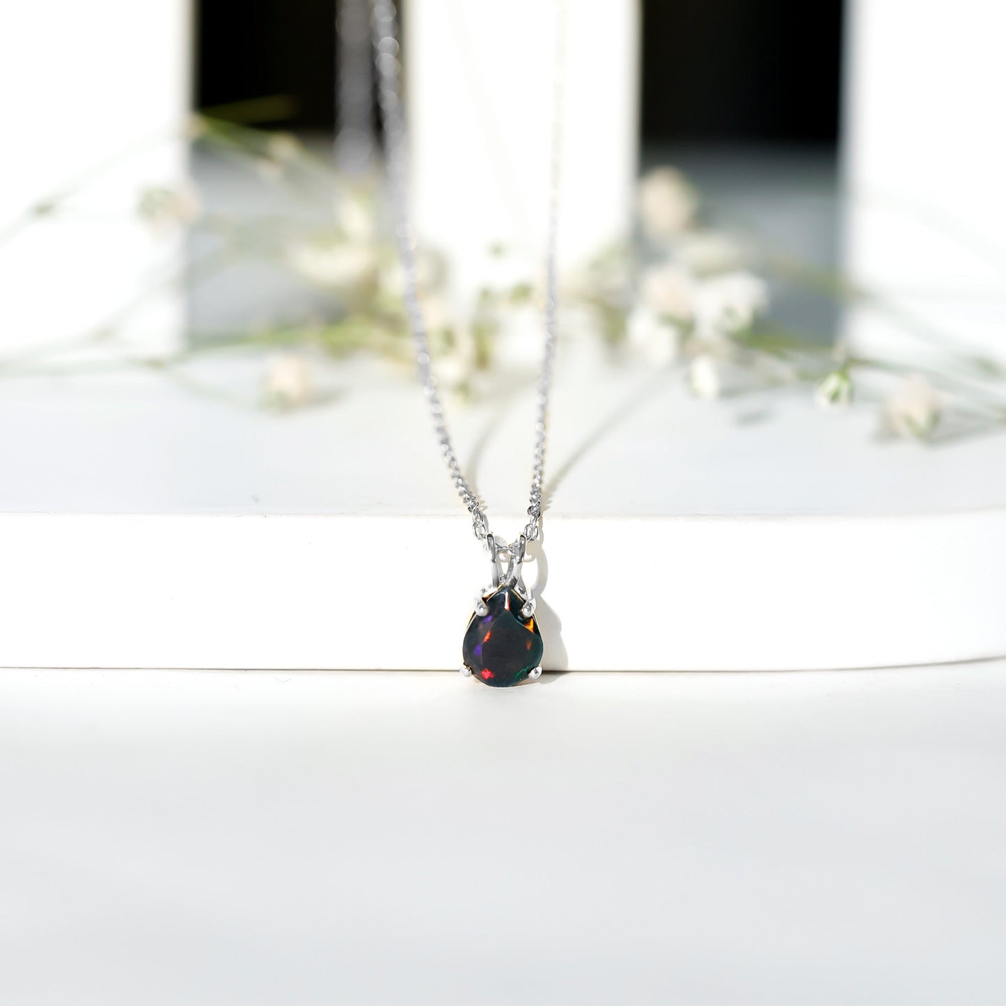 Natural Solitaire Black Opal Teardrop Necklace With Chain