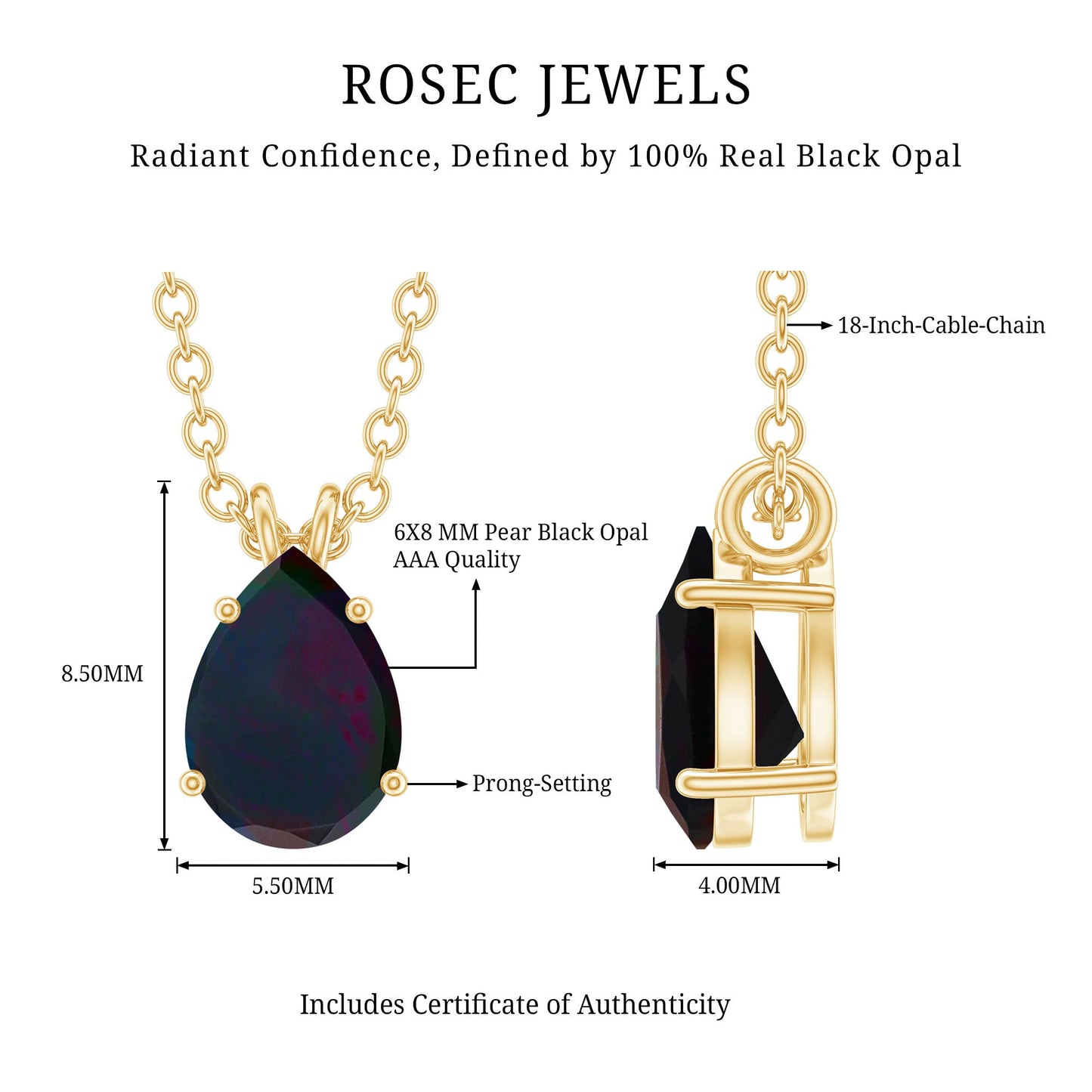 Natural Solitaire Black Opal Teardrop Necklace With Chain