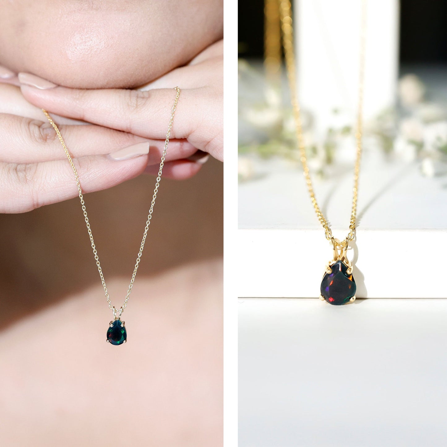 Natural Solitaire Black Opal Teardrop Necklace With Chain