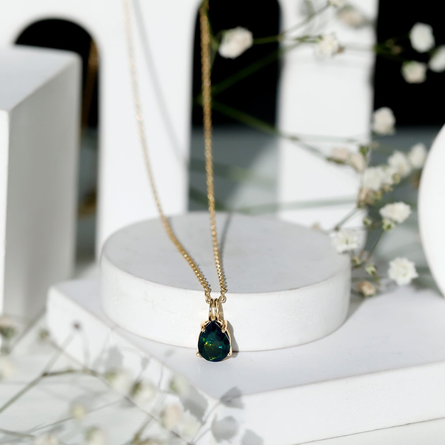 Natural Solitaire Black Opal Teardrop Necklace With Chain