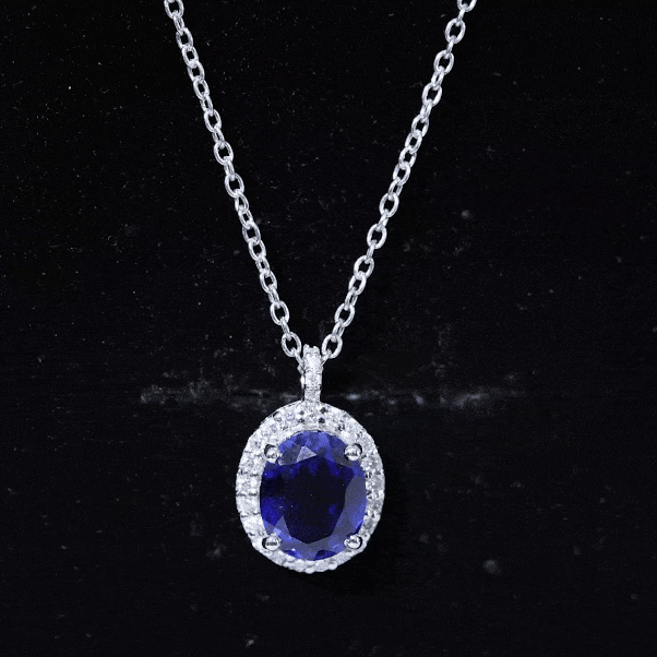Oval Cut Created Blue Sapphire Statement Necklace With Chain