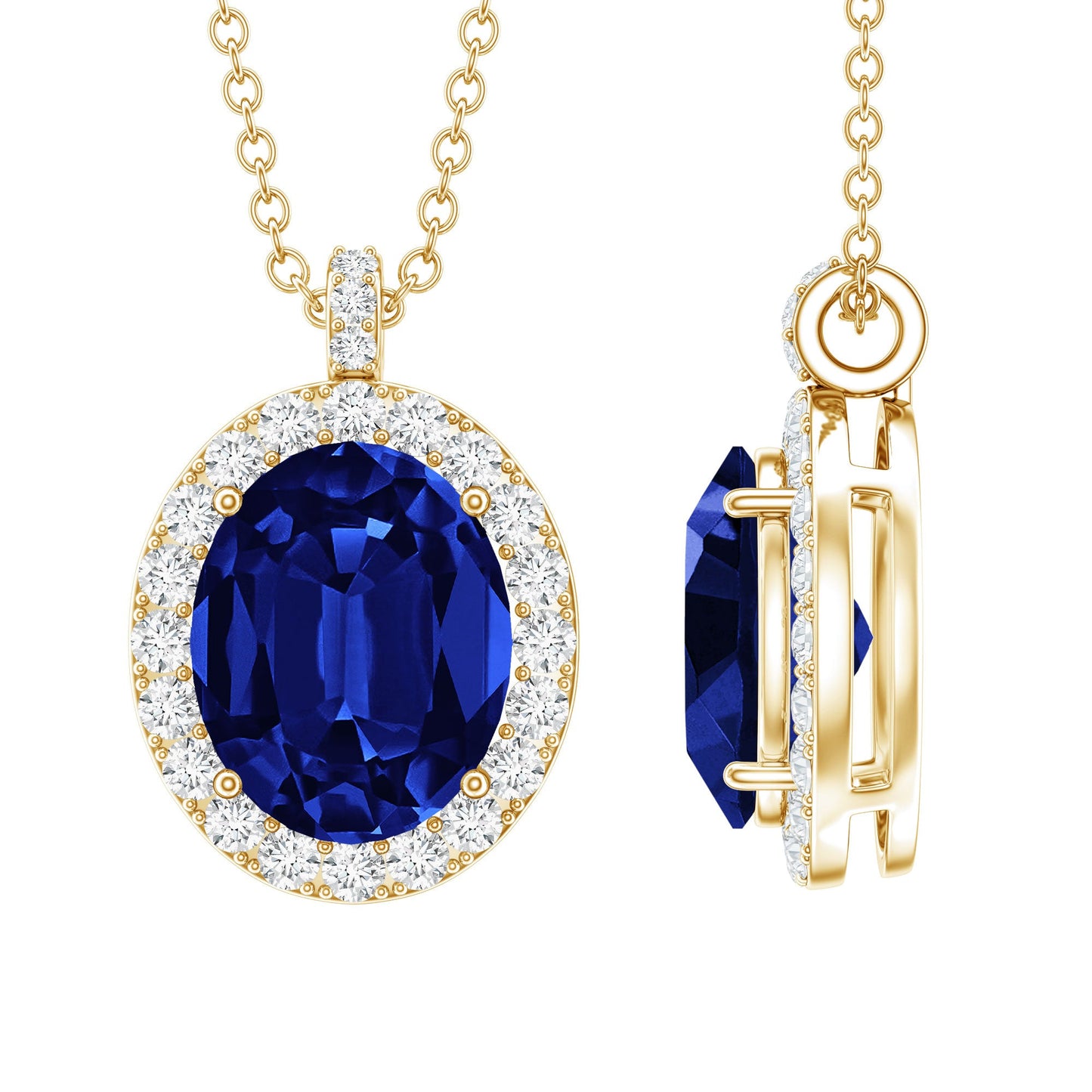 Oval Cut Created Blue Sapphire Statement Necklace With Chain