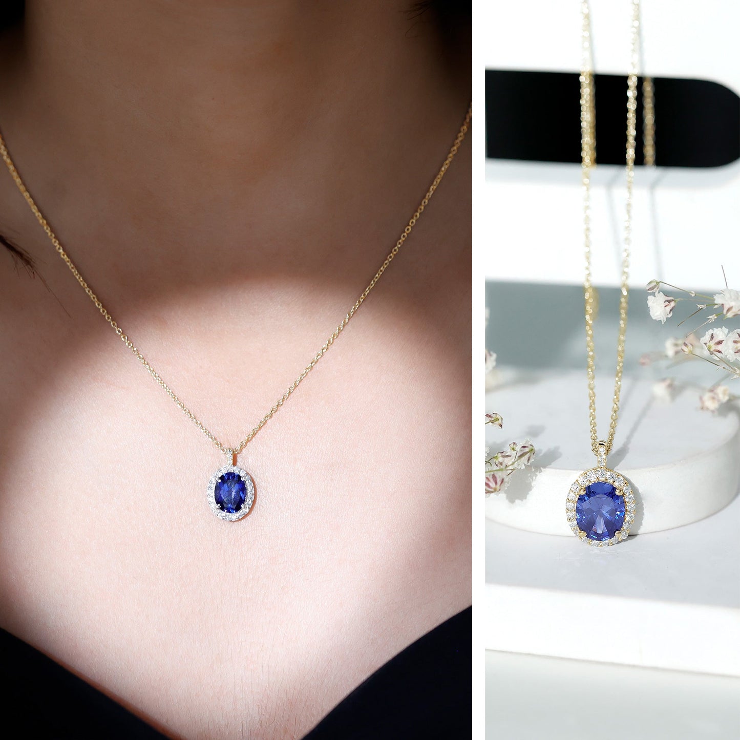 Oval Cut Created Blue Sapphire Statement Necklace With Chain