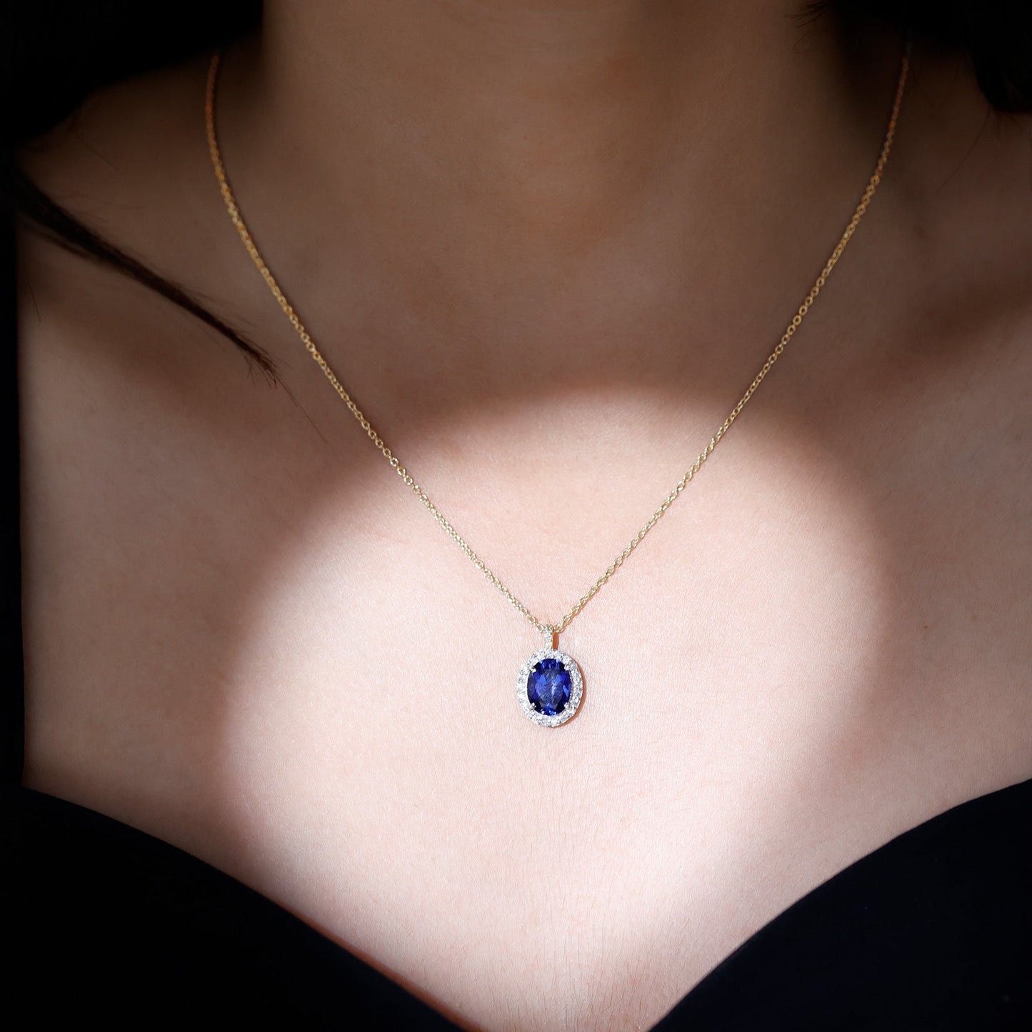 Oval Cut Created Blue Sapphire Statement Necklace With Chain