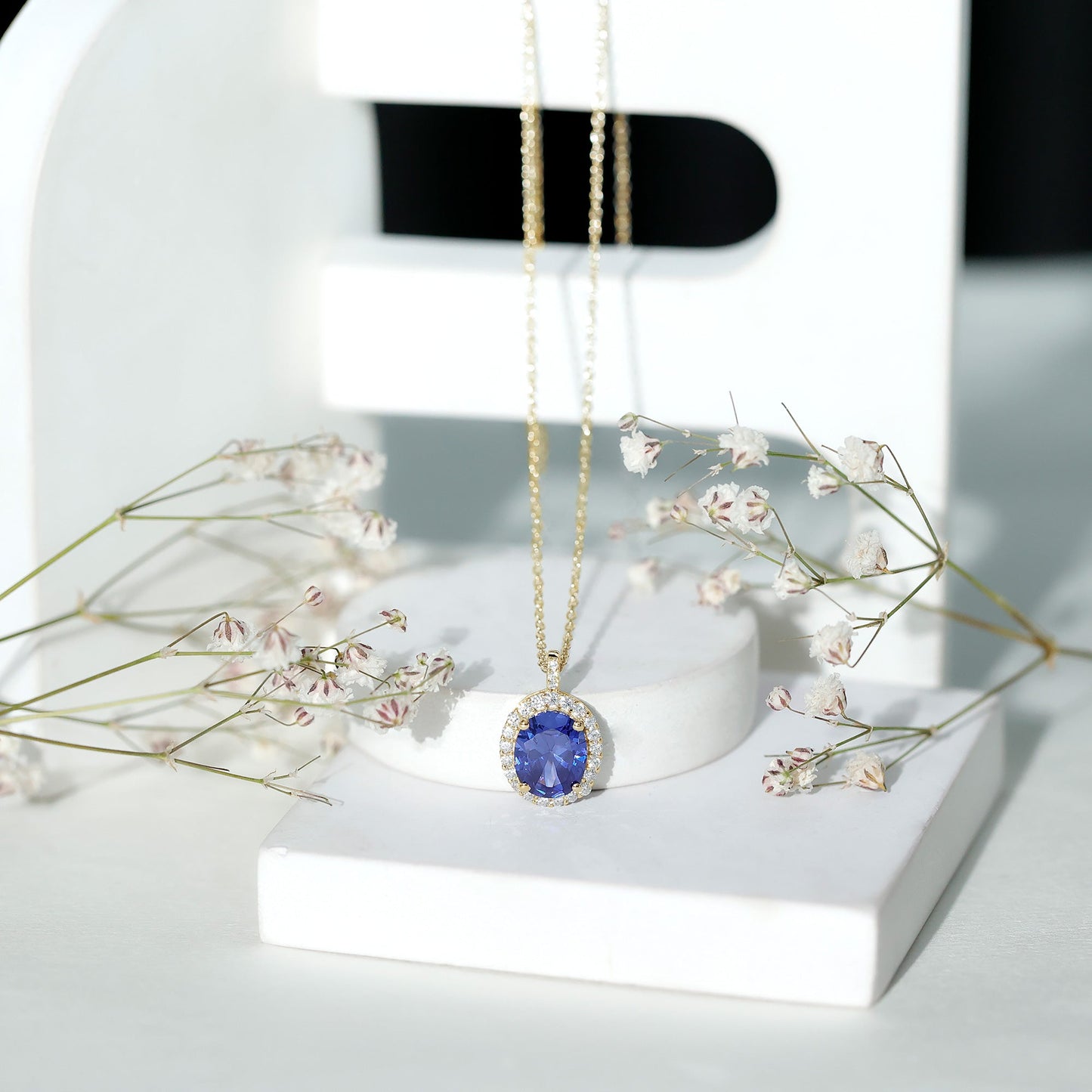 Oval Cut Created Blue Sapphire Statement Necklace With Chain