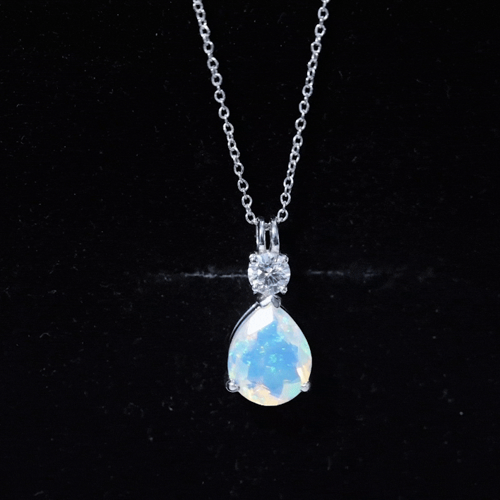 Real Ethiopian Opal Teardrop Necklace with Moissanite