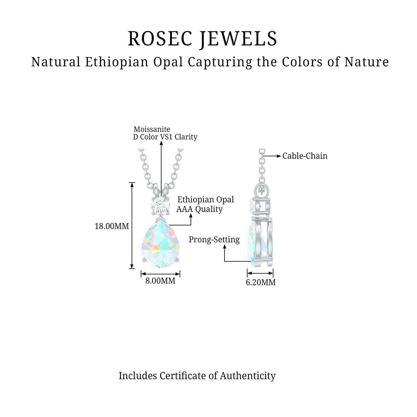 Real Ethiopian Opal Teardrop Necklace with Moissanite