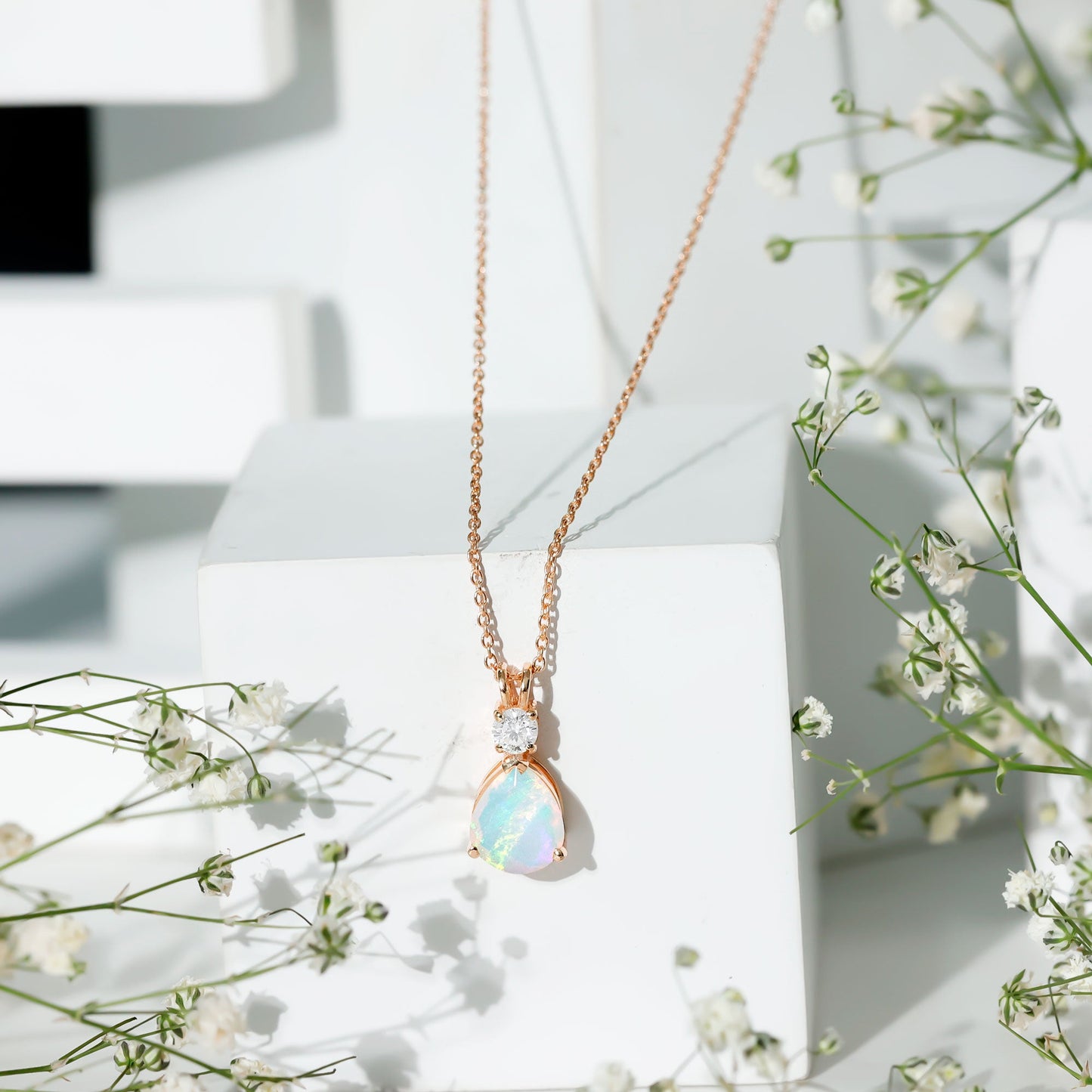 Real Ethiopian Opal Teardrop Necklace with Moissanite