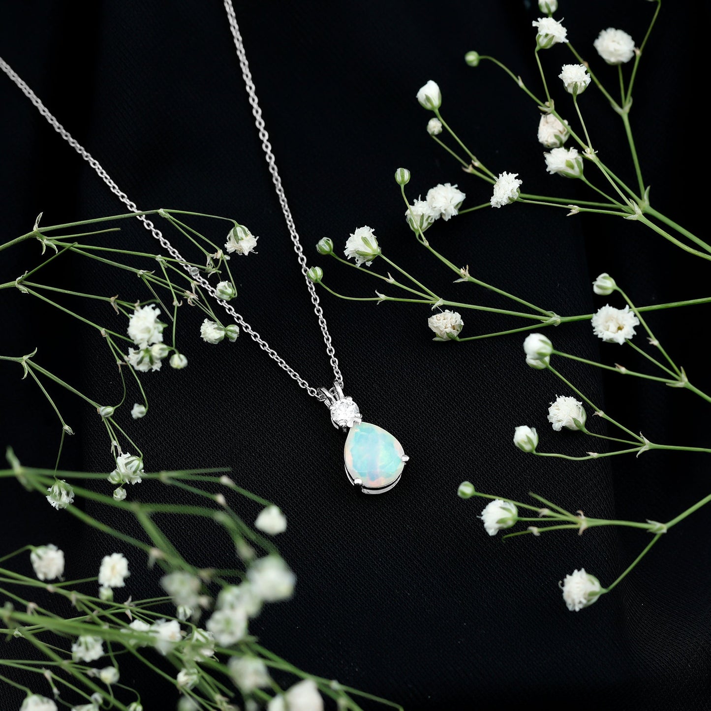 Real Ethiopian Opal Teardrop Necklace with Moissanite