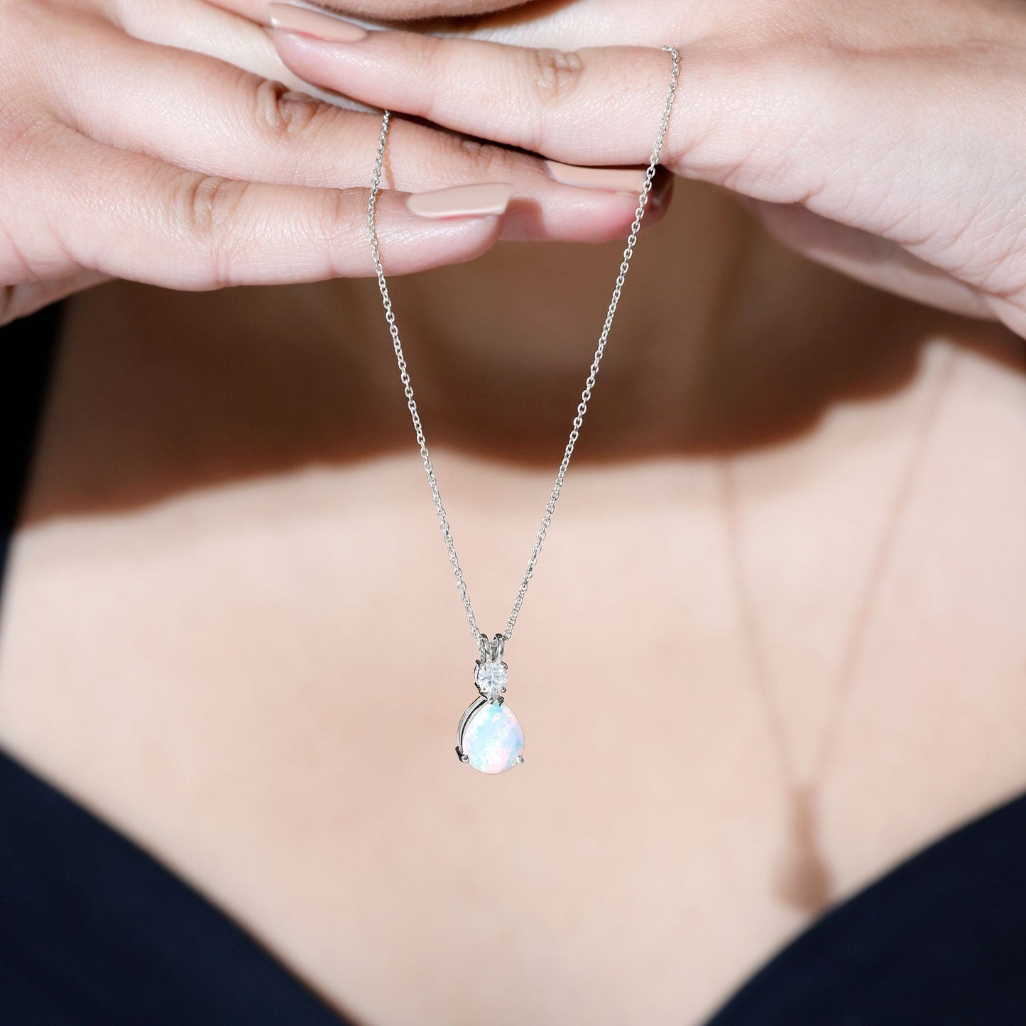 Real Ethiopian Opal Teardrop Necklace with Moissanite