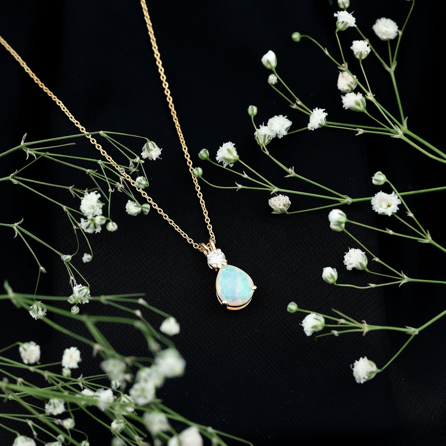 Real Ethiopian Opal Teardrop Necklace with Moissanite