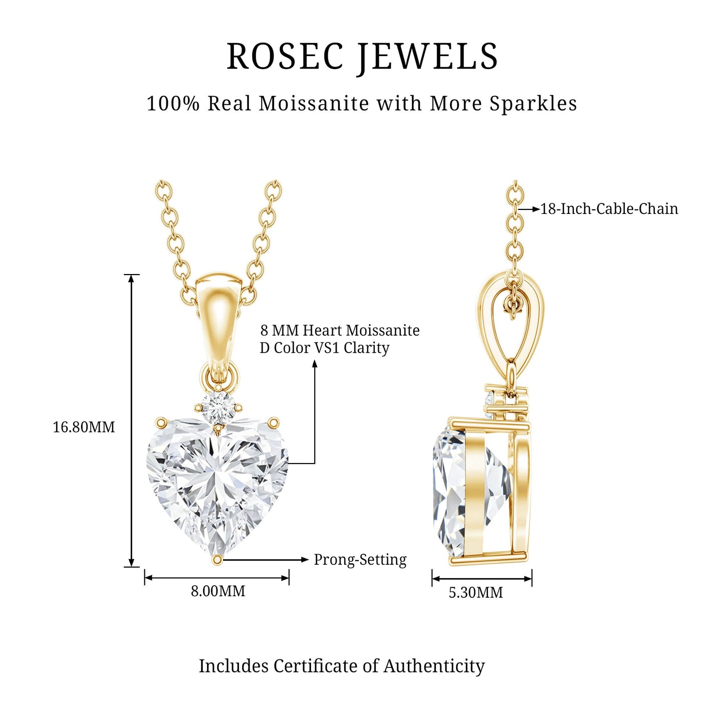 Certified 2 Carat Moissanite Solitaire Heart Necklace