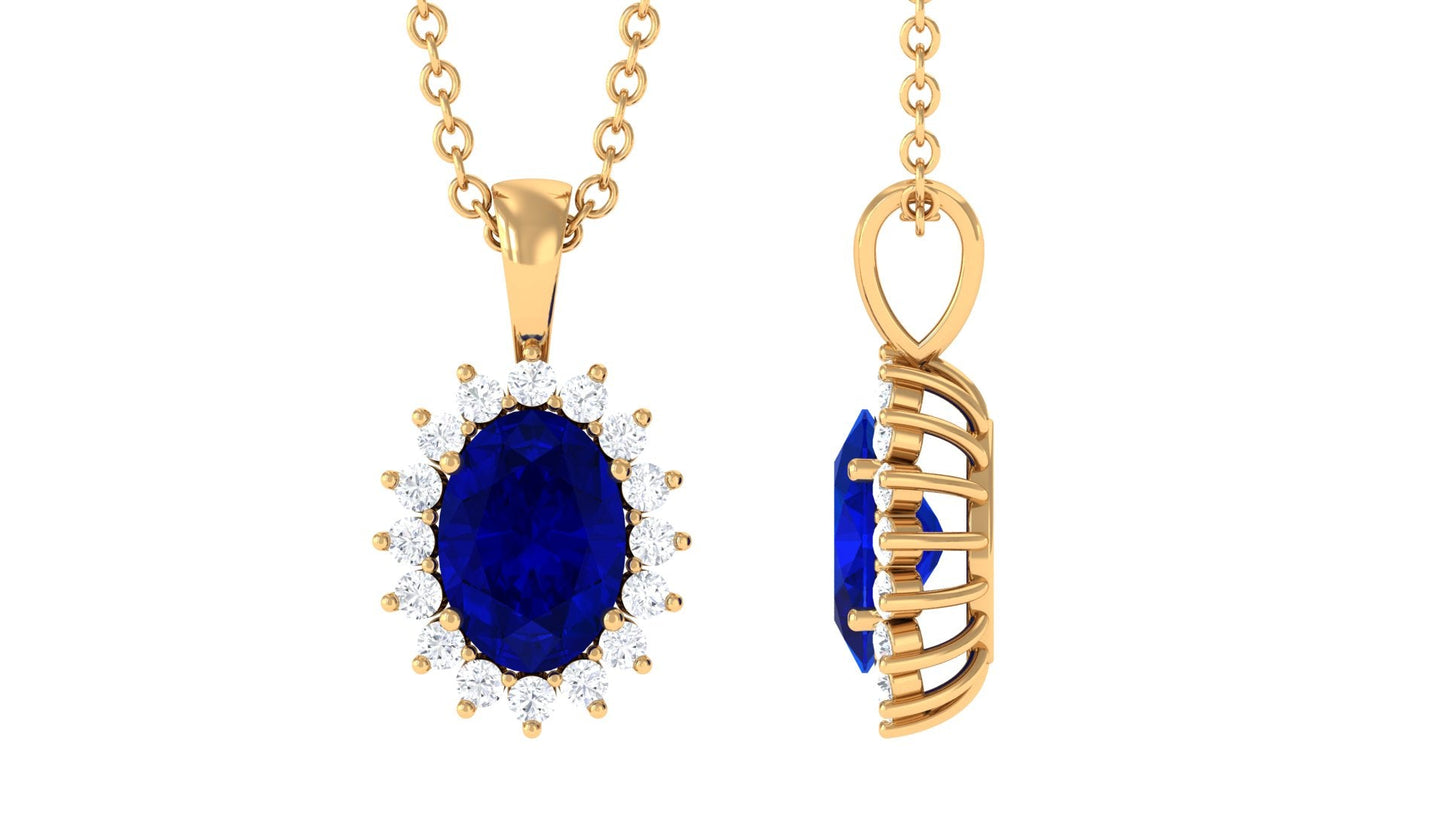 1.5 Carat Oval Shape Lab Grown Blue Sapphire Princess Diana Inspired Necklace