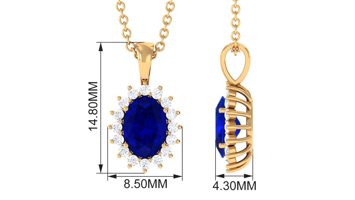1.5 Carat Oval Shape Lab Grown Blue Sapphire Princess Diana Inspired Necklace