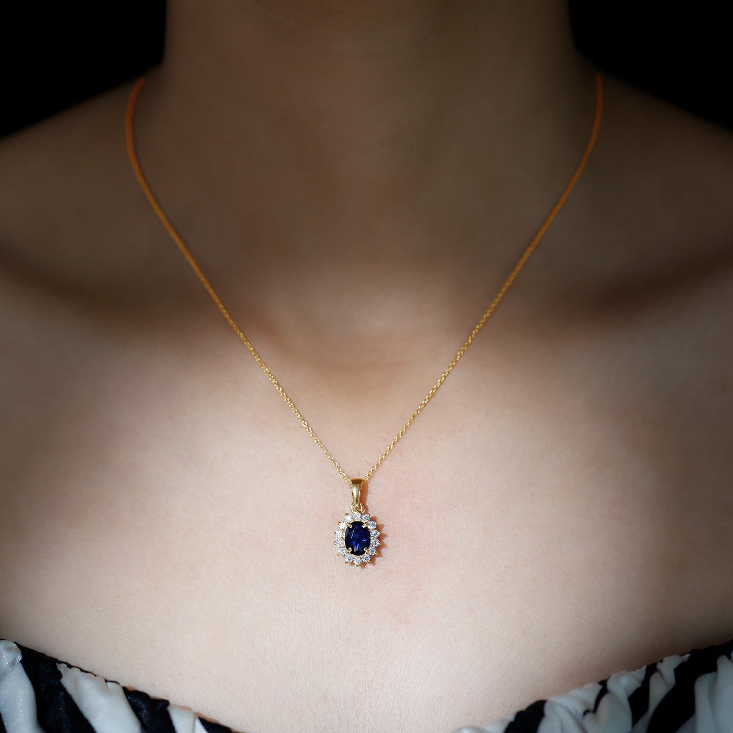 1.5 Carat Oval Shape Lab Grown Blue Sapphire Princess Diana Inspired Necklace