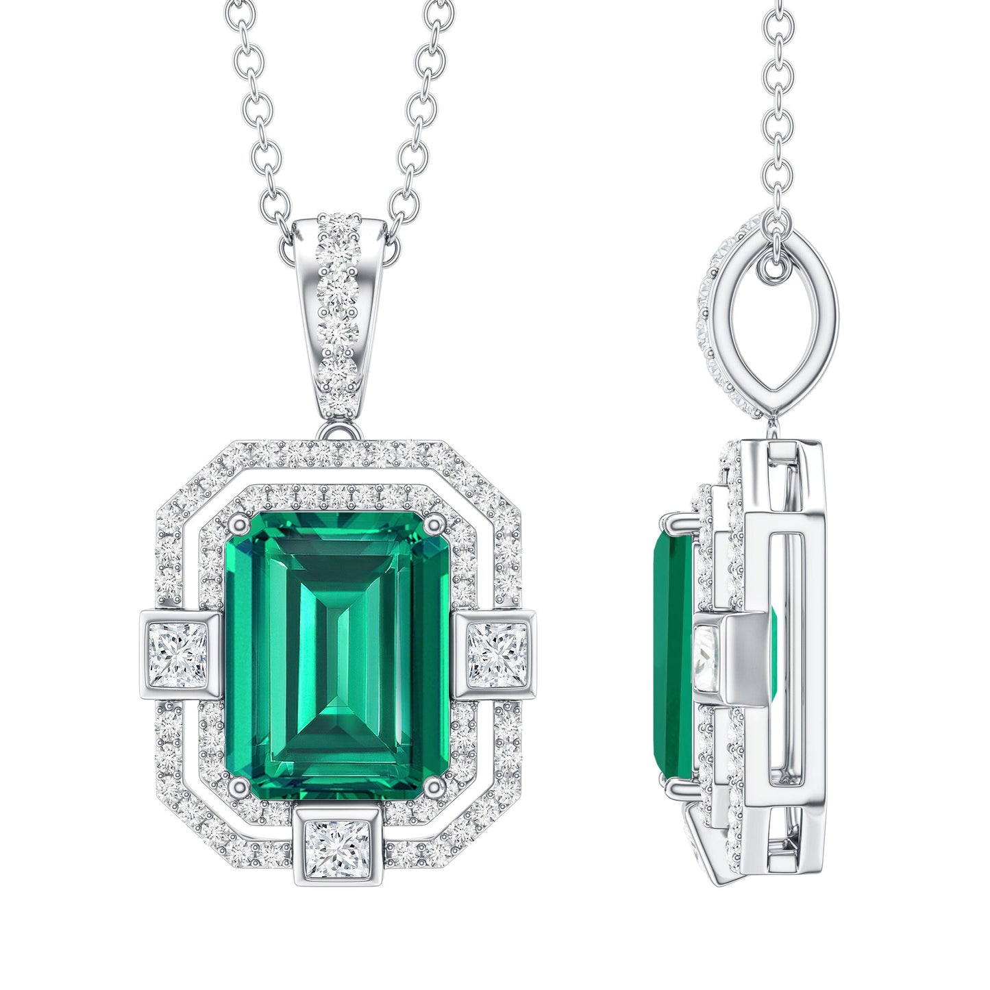 Octagon Cut Lab Created Emerald Vintage Necklace With Chain