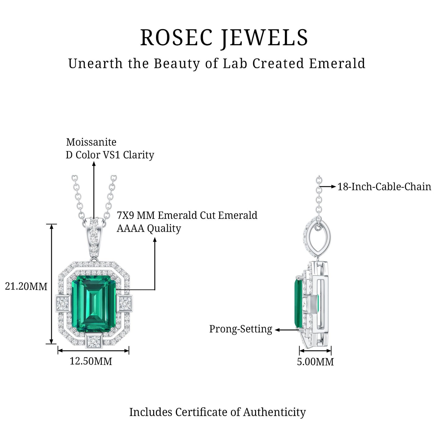 Octagon Cut Lab Created Emerald Vintage Necklace With Chain